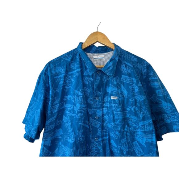Columbia PFG Trollers Blue Fish Print Hawaiian Fishing Button-Up Shirt L New - Picture 4 of 9
